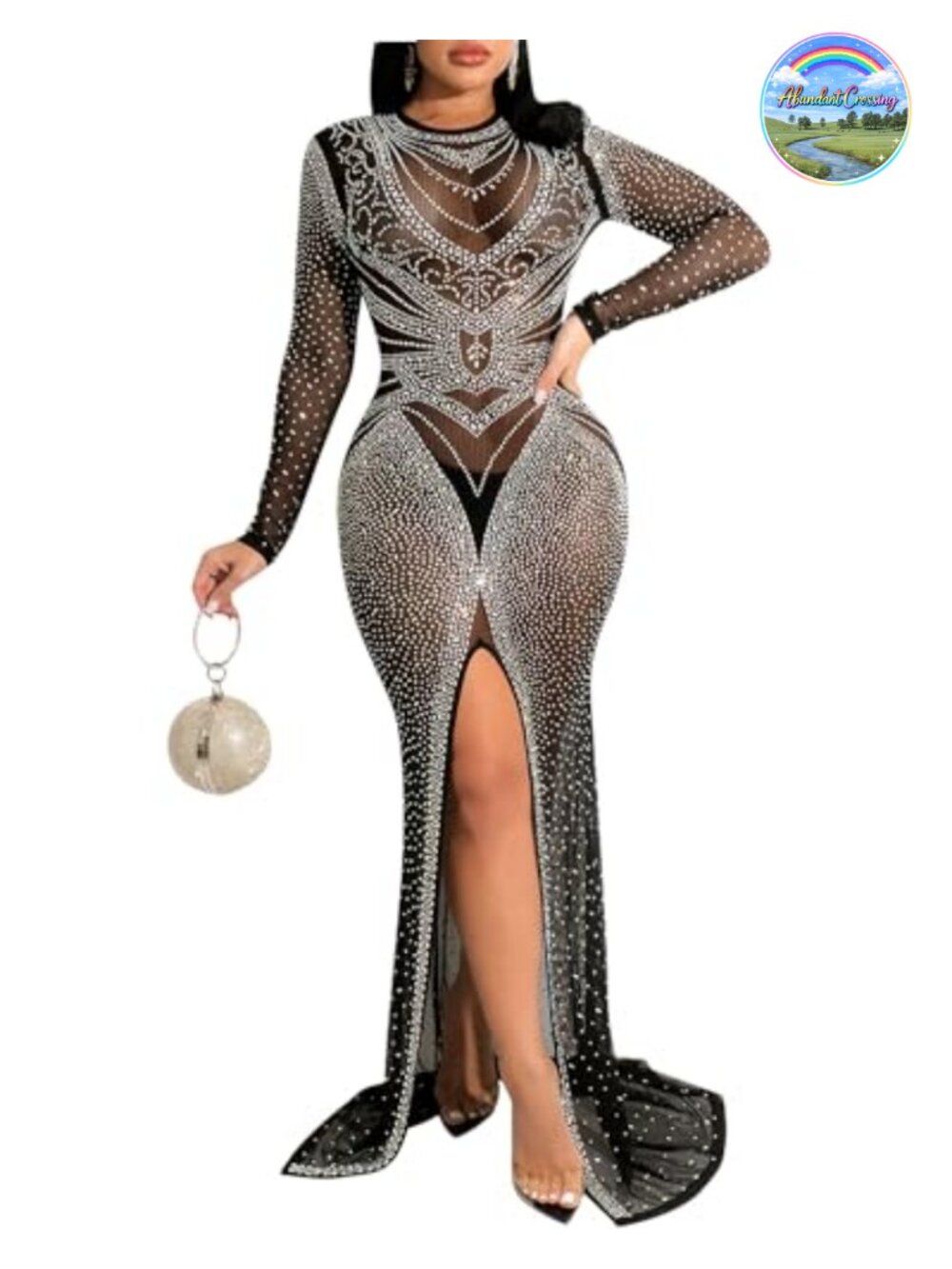 Rhinestone Sequin Long Sleeve Maxi Dress Sexy Party Club Formal